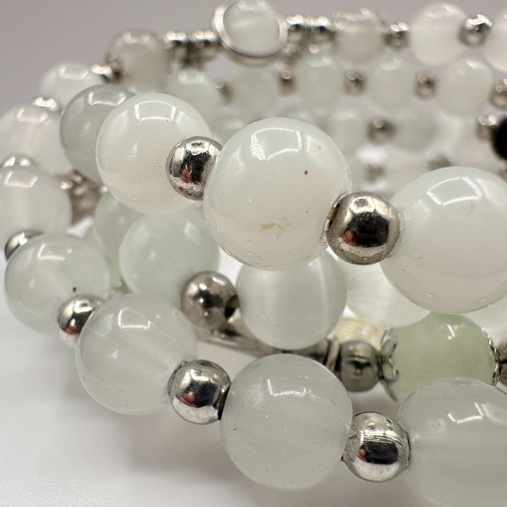 Vintage 90s White Quartz Beaded Wrap Bracelet Silver Tone Boho Statement Jewelry - Picture 4 of 8